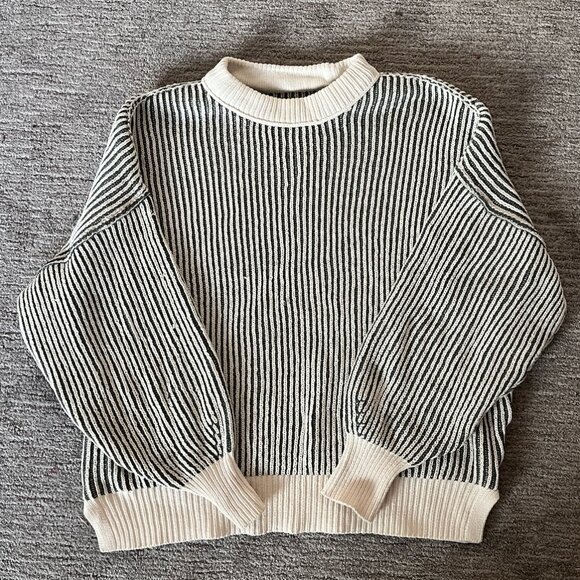 aerie Sweaters - Aerie Cozy Striped Knit Sweater Green and White Pullover